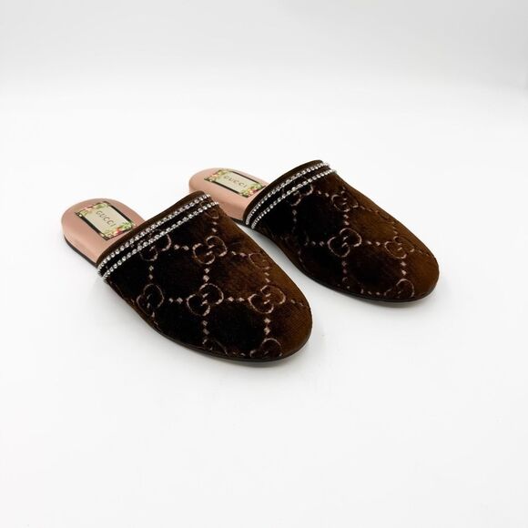 Gucci GG Brown Velvet Crystal Mules Slippers Loafers EU 38 US 8 - Picture 1 of 12